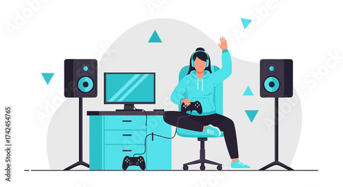 Vector Illustration of a Young Woman Playing Video Games at Home with Gaming Setup
