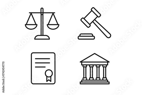 Judicial symbols: scales, gavel, certificate, courthouse icons