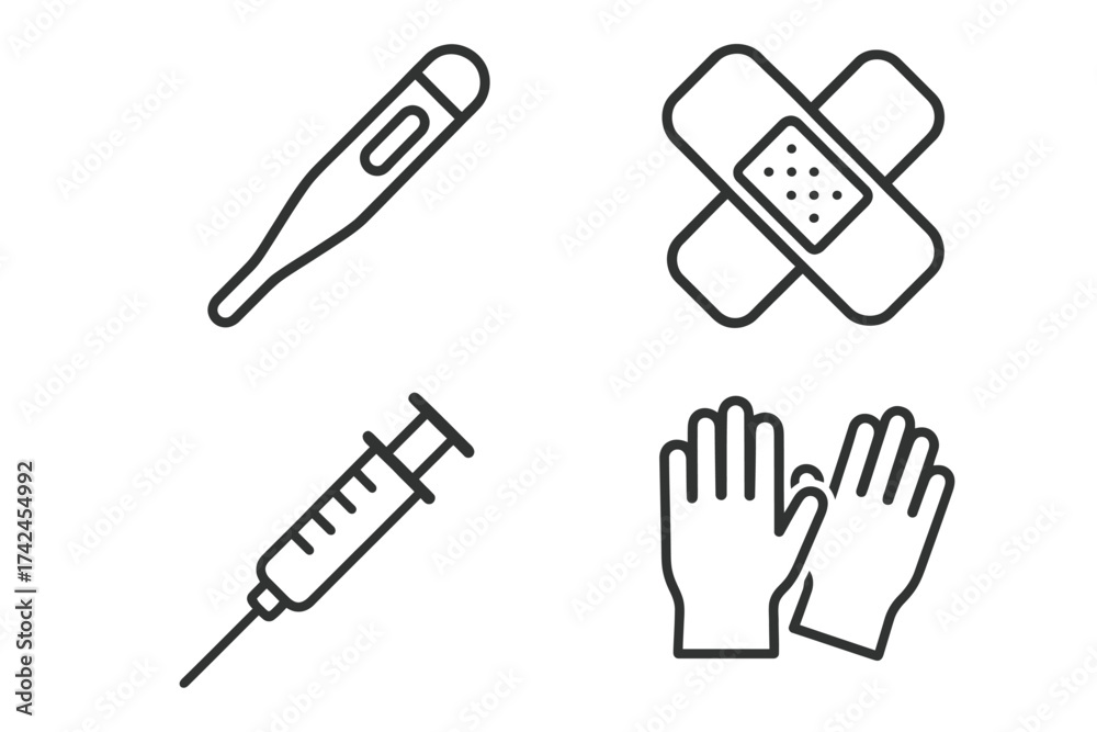 Fototapeta premium Medical icons: thermometer, bandage, syringe, gloves