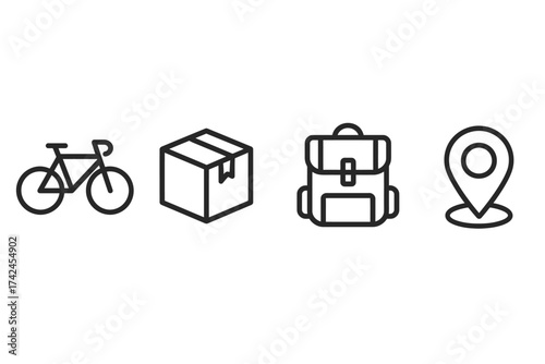 Minimalist icons: bicycle, box, backpack, location pin