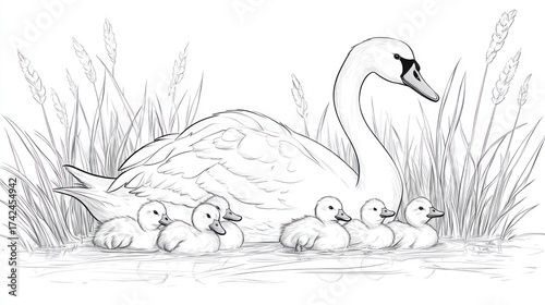 Fototapeta Naklejka Na Ścianę i Meble -  Family of swans on water, reeds, artistic sketch