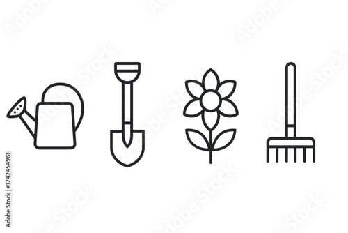 Simple garden icons: watering can, shovel, flower, rake for gardening tools