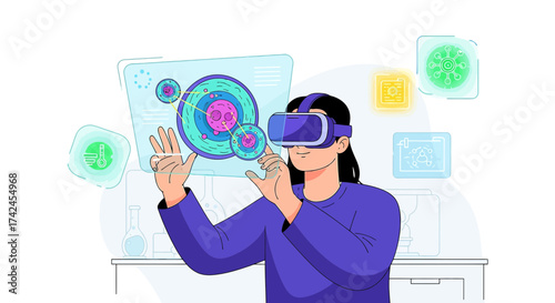 Woman using virtual reality for medical research with virus analysis and data visualization