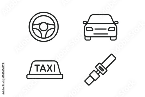 Car icons set: steering wheel, car front, taxi sign, seatbelt symbol