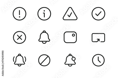 Minimalist icon set with notification alerts and confirmation symbols