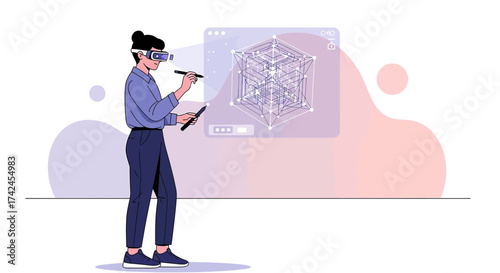 Woman using virtual reality headset for 3d modeling in digital environment studio space showcases