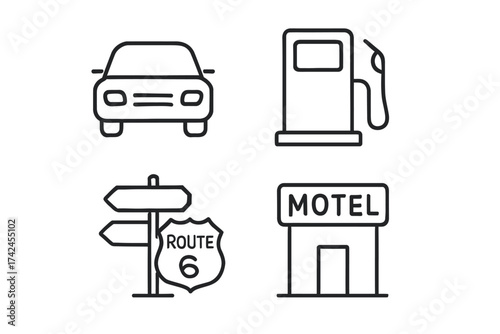 Minimalist icons: car, gas pump, route sign, motel sign