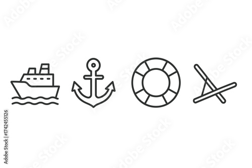 Nautical icons: ship, anchor, lifebuoy, deck chair in line art style