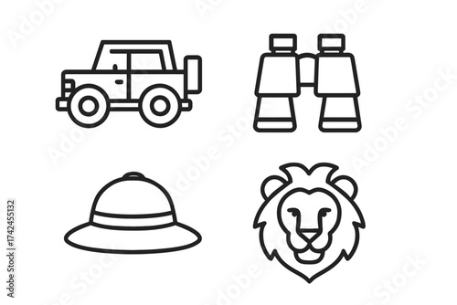 Safari adventure icons: jeep, binoculars, pith helmet, lion head