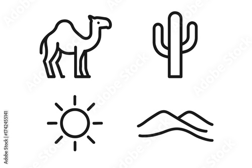 Desert symbols: camel, cactus, sun, and sand dunes in simple black icons