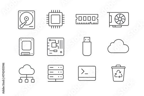 Icon set of computer hardware and technology symbols
