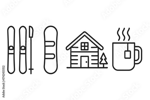 Winter adventure icons: skis, snowboard, cozy cabin, hot tea