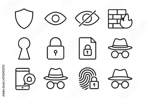 Security and privacy icon set featuring locks, shields, and firewalls