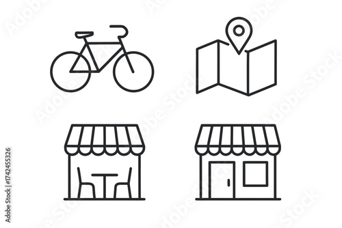 Bicycle, map, restaurant, and shop icons in minimalist line art style