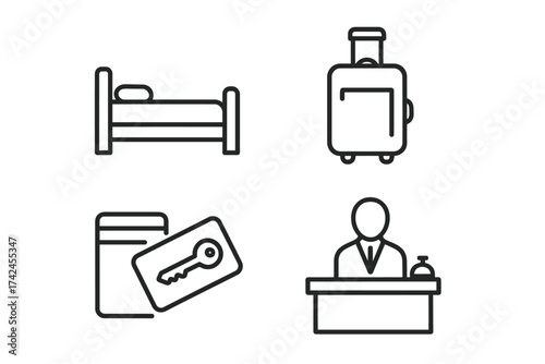 Hotel icons: bed, luggage, key card, receptionist outline illustrations