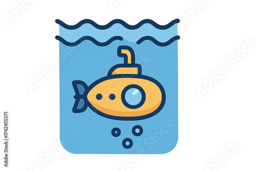Yellow submarine underwater dives ocean icon, vector illustration with bubbles and waves, marine exploration, underwater vehicle, ocean technology design
