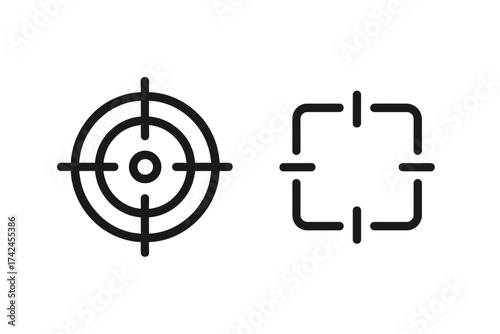 Target aim and focus icons vector set, precise bullseye and rounded square crosshairs with transparent background, minimal design for shooting, navigation, or interface graphics