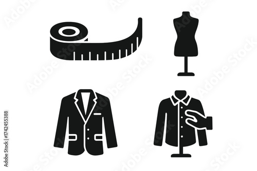 Tailor measuring tape, dress form mannequin, men's blazer jacket, and shirt fitting hand vector icons set, fashion tailoring tools, sewing studio equipment, garment design symbols
