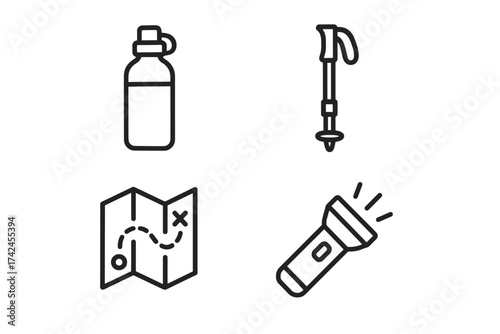 Hiking essentials: water bottle, trekking pole, map, flashlight icons