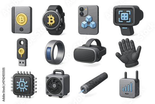 Modern technology icon set: cryptocurrency, vr, wearable devices, and gadgets