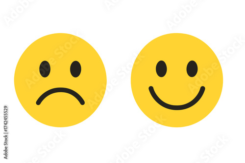 Vector illustration of facial expressions sad and happy emoticons. Yellow smiley faces with sad and happy emotions. Emoticon set with transparent background, emotional moods contrast.