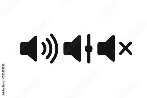 Volume adjustment icon set vector. Simple flat sound control symbols. Speaker with sound waves, volume slider, mute symbol. Transparent background, ordered set for UI design.