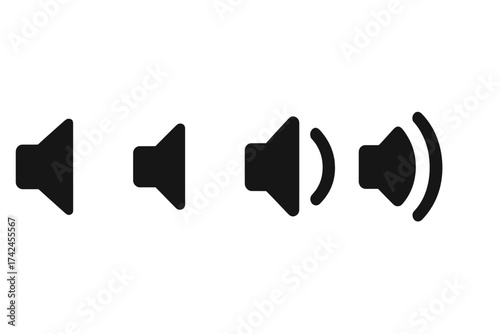 Volume adjustment icons set, speaker sound vector symbols, simple flat design illustration, audio level control pictogram collection, transparent background, multimedia volume increasing
