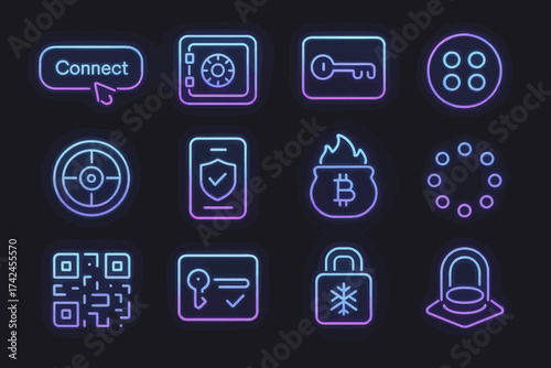 Neon icons of technology and security featuring bitcoin, key, lock, and qr code symbols