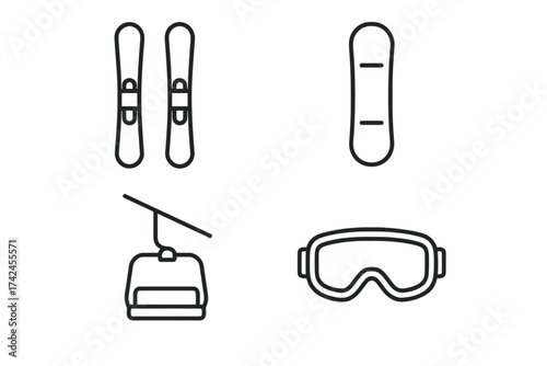 Skiing and snowboarding icons: skis, snowboard, ski lift, goggles