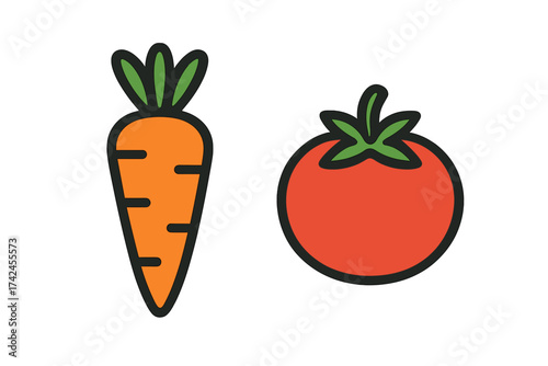 Vegetable icons with carrot and tomato illustration, colorful fresh vegetable symbols, carrot root vegetable and round ripe tomato isolated on transparent background, healthy food concept