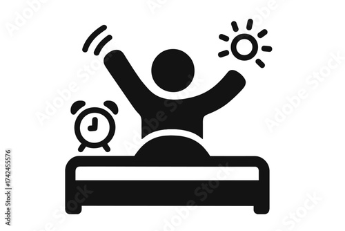 Wake up in the morning icon vector illustration with alarm clock and sunlight symbol, person stretching in bed silhouette, morning routine, fresh start, healthy lifestyle concept