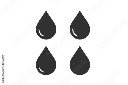 Water drop icon vector set, water droplets silhouette illustration, 4 black simple water drop shapes with highlight, liquid, moisture, rain, transparent background