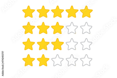 Yellow star rating icons set, customer feedback evaluation in flat design, golden review stars isolated on white background, five-star rating symbols, vector graphic