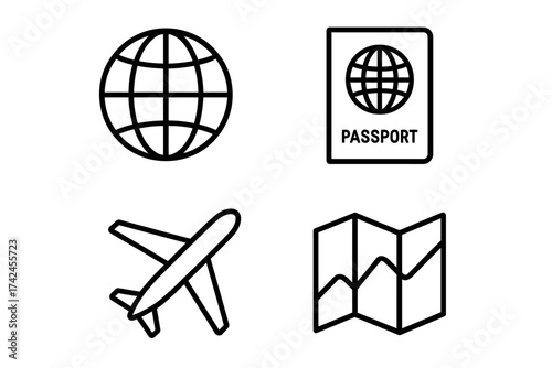 Travel symbols: globe, passport, airplane, map icons for international journey