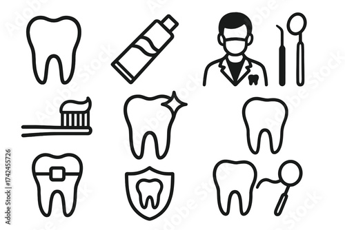 Dental care icons set with dentist services and hygiene tools. Vector illustration collection with tooth symbols, toothbrush, toothpaste, dental mirror, orthodontics, and oral protection design.