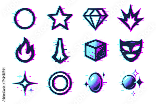 Set of neon glitch symbols: star, diamond, flame, and more