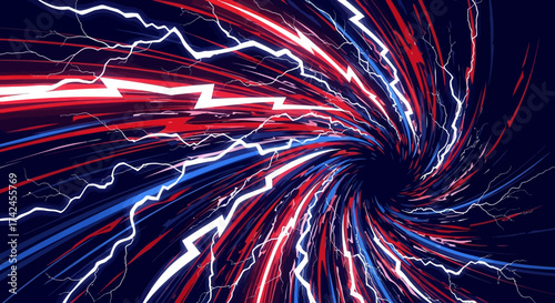Vibrant vortex of energetic streams in shades of red blue and white against darkness