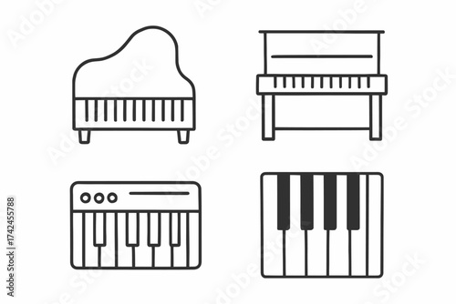 Outline icons of grand piano, upright piano, keyboard, and piano keys