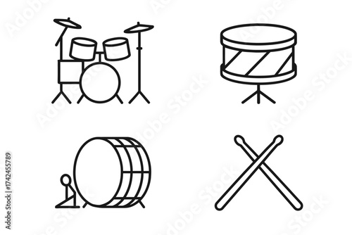 Line art drum set: snare, bass, drumsticks - musical instrument icons