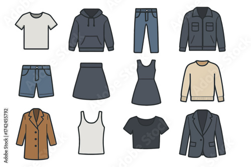 Casual clothing collection: t-shirts, jackets, shorts, skirts, dresses, sweaters