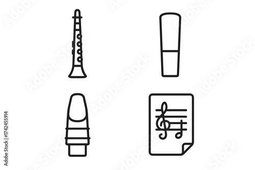 Clarinet outline with reed, mouthpiece, and sheet music symbols