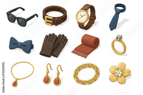 Assorted fashion accessories: sunglasses, watch, jewelry, gloves, tie, scarf