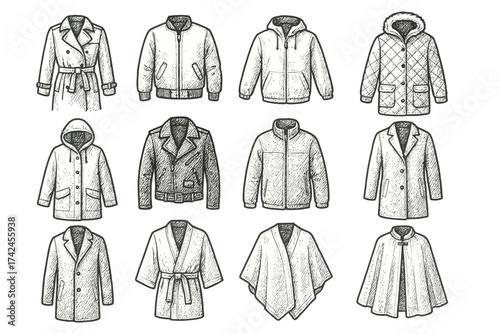 Illustrated collection of various fashionable winter coats and jackets