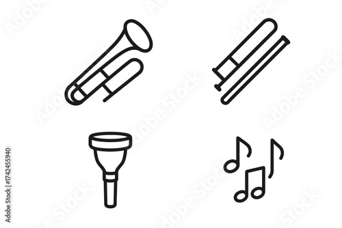Musical instrument icons: trombone, trumpet mute, notes, tuning fork