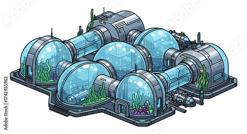 Isometric vector illustration of a futuristic underwater research habitat compound