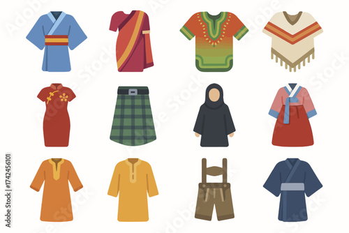 Traditional clothing from various cultures illustrated in diverse styles