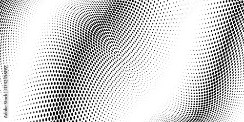 Abstract halftone wave dotted background. Halftone grunge pattern with square. Vector halftone modern pop art twisted texture for poster, cover, business card, postcard, art label layout, sticker.