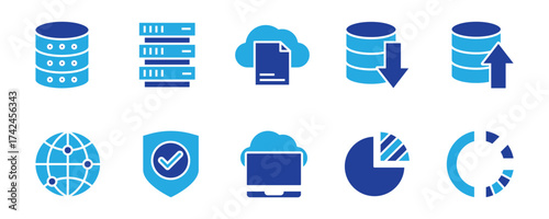 Data entry clerk icon collection set. Containing data, file, document, database, chart, cloud storage, task list, time management icon. Simple flat vector