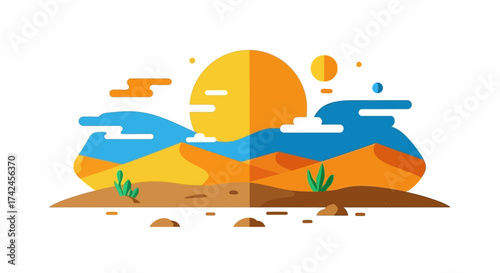 Flat design desert scene with sun dunes sky and minimal vegetation creating a serene landscape