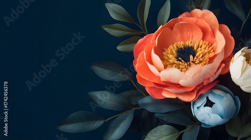 Elegant floral arrangement with peonies and leaves in a dark blue background